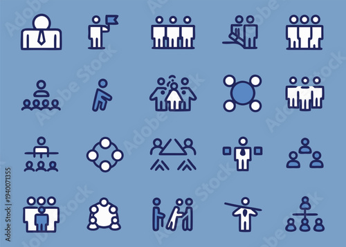 A collection of twenty blue and white outline icons featuring people in various business scenarios like team meetings and leadership roles on a blue background.
