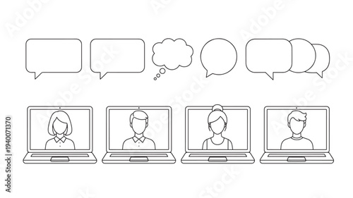 Speech bubbles and video call icons with people on laptops, representing online communication and discussion