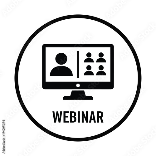 A black and white icon depicts a computer screen displaying multiple participants in a video conference labeled webinar below high quality professional detailed modern