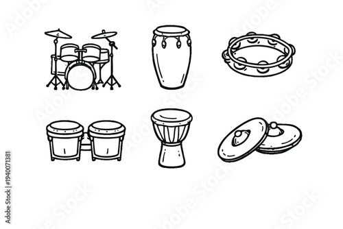 Hand Drawn Percussion Instrument Icons Doodle Set