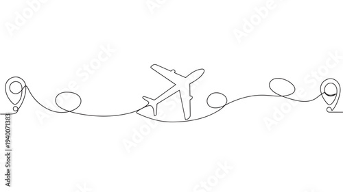 Airplane flying between location pins on a wavy line, representing travel and destinations in a minimalist single line art style.