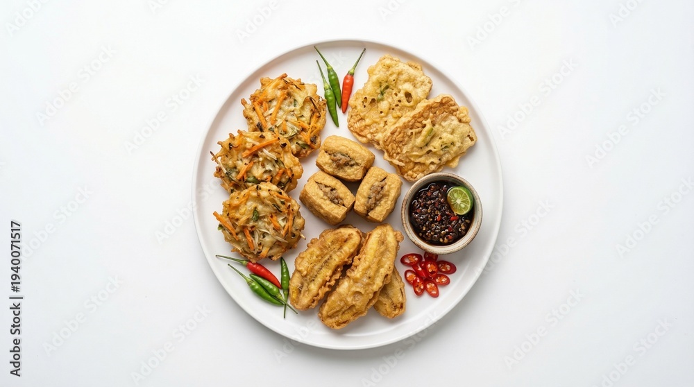 Fototapeta premium Delicious plate of assorted Indonesian fried snacks and sambal, perfect for a snack or appetizer