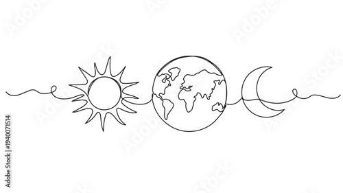 Sun, Earth, and Moon celestial bodies depicted with a continuous black line drawing against a white background, representing astronomical concepts.