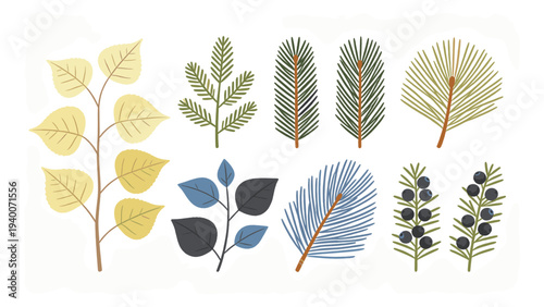 Horizontal Collection of Botanical Leaf Elements in Diverse Hand-Drawn Styles for Decorative Design Applications