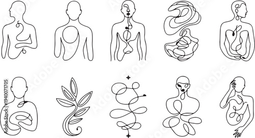 Abstract human anatomy and digestive system illustrations in minimalist line art style