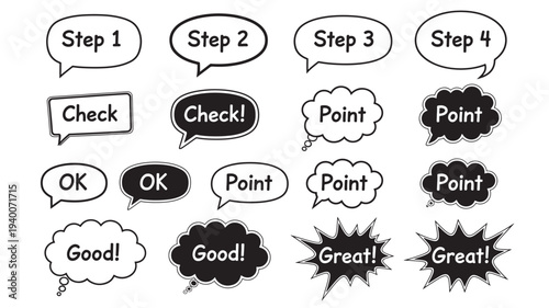 Speech bubble icons with text 'Step', 'Check', 'Point', 'OK', 'Good', and 'Great' in black and white.