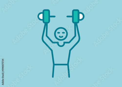 A teal line art character with a smiling expression performs an overhead extension exercise while holding green dumbbells on a blue background.