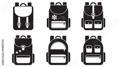 Backpacks hand drawn set with six diverse styles featuring straps, pockets, and decorative elements like flowers and stars.