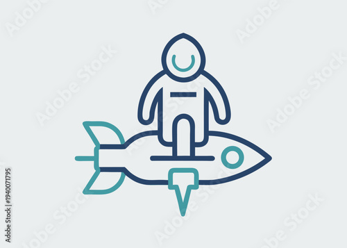 A human figure with a smiling face sits astride a horizontal rocket ship with dark blue and teal outlines on a light gray background.