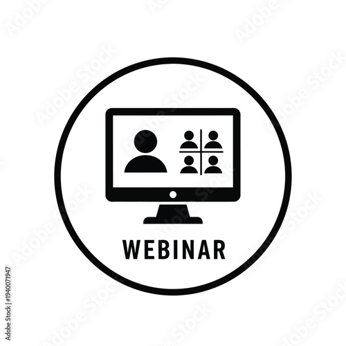 A simple black icon depicts a computer screen displaying a video conference with multiple participants and the text webinar high quality professional detailed modern