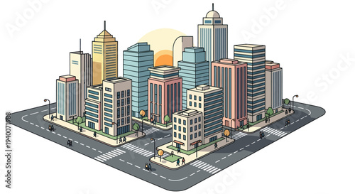 Isometric Cityscape with Modern Buildings and Sunrise - Vector Illustration
