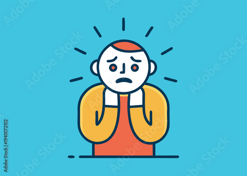 A colorful vector illustration of a person showing extreme fear with hands on cheeks and radiating lines on a blue background.