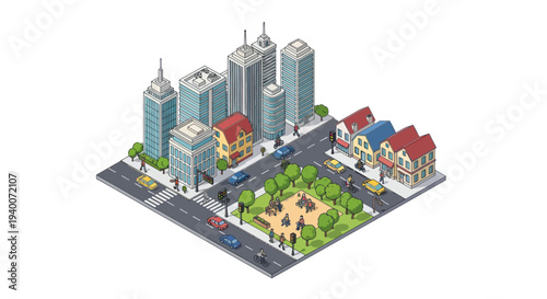 Isometric pixel art cityscape with skyscrapers, houses, park, and cars on white background