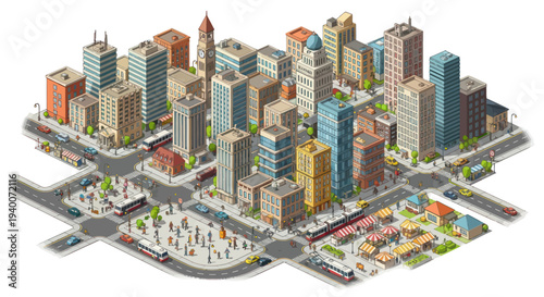 Isometric Pixel Art Cityscape with Buildings, Streets, and People