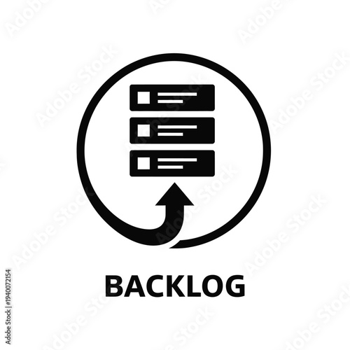 A black and white circular icon depicts stacked blocks with an upward arrow labeled backlog underneath high quality professional detailed modern elegant stylish clean