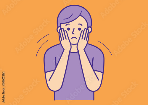A vector illustration of a purple-colored person holding their face in distress with vibration lines on an orange background.
