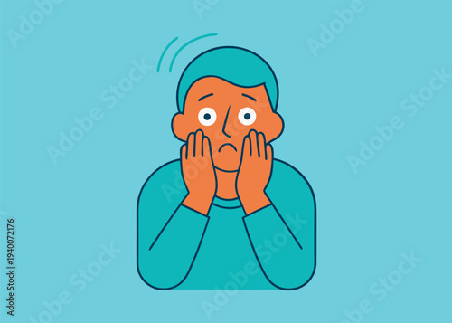 A flat vector icon of an orange-skinned person with teal hair showing a surprised or fearful expression on a blue background.