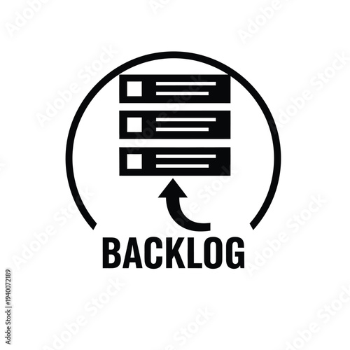 This is a black and white graphic illustrating a server stack with an upward pointing arrow and the word backlog below it high quality professional