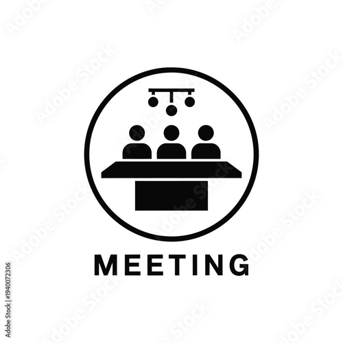 A simplified black silhouette depicts a meeting scene with three figures seated at a table within a circular frame high quality professional detailed modern