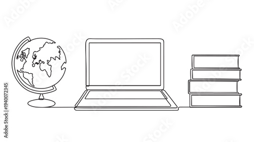 Globe laptop and stack of books in a single continuous line drawing representing education and global knowledge acquisition