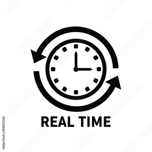 A stark black and white circular icon depicts a clock face encompassed by a looping arrow representing continuous real time operation high quality professional detailed modern elegant