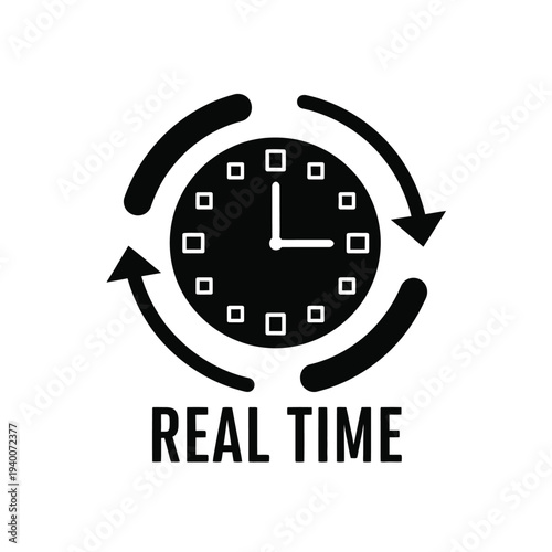 A black and white graphic depicts a clock face encircled by curved arrows suggesting continuous time or a real time process high quality professional detailed