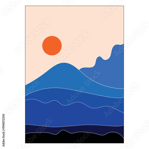 Minimalist abstract serene sunset ocean landscape illustration featuring calm waves and distant mountains