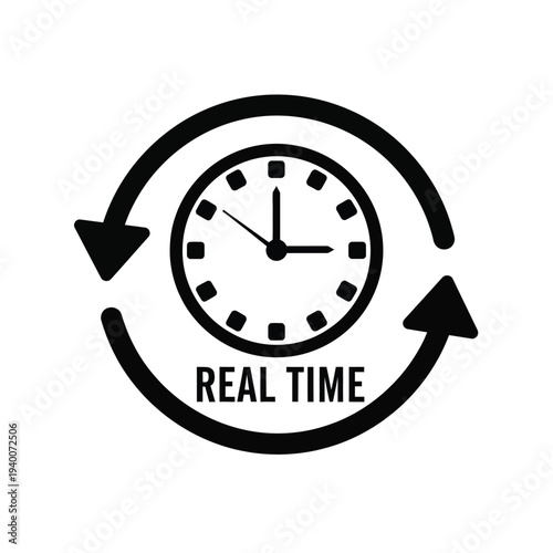 A bold black graphic depicts a clock face encircled by arrows suggesting continuous cyclical time and real time processes high quality professional detailed modern elegant