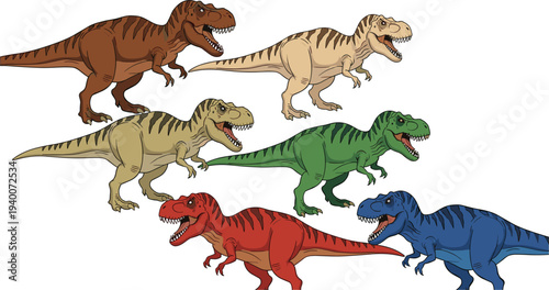 Colorful Tyrannosaurus Rex dinosaur vector illustration set featuring multiple T-Rex characters in various colors isolated on white background for prehistoric themed education and children design proj