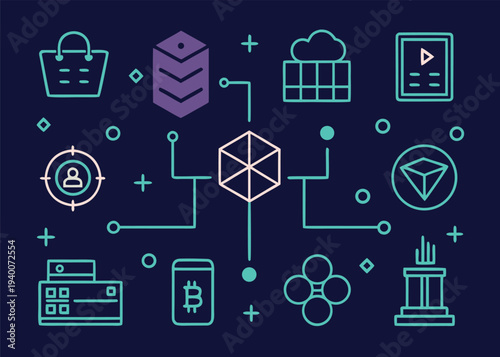 Eleven neon colored blockchain and cryptocurrency icons are connected by teal lines to a central hexagon over a dark navy blue background.