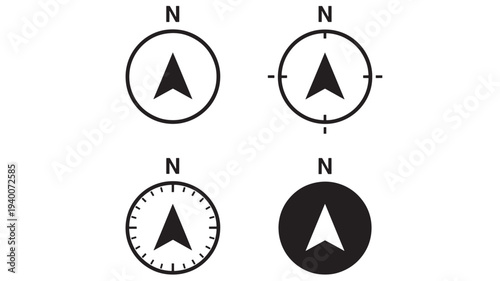 Compass icons set with north direction pointers, including simple, marked, and solid circle designs for navigation and orientation.