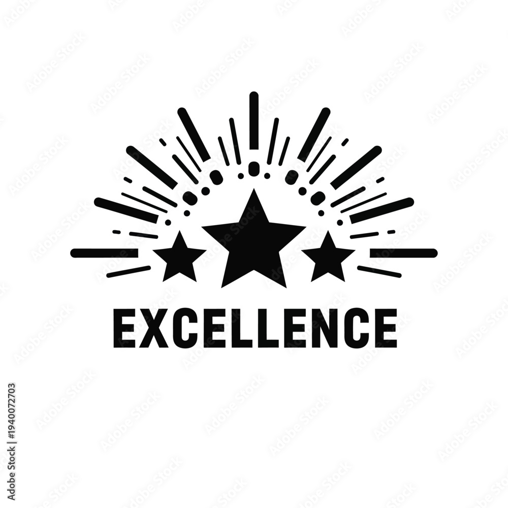 Obraz premium A black graphic depicts a burst of radiating lines surrounding three stars and the word excellence below high quality professional detailed modern elegant stylish