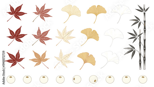 Maple and Ginkgo Leaves, Bamboo Stalks with Leaves, and Circular Objects Arranged in Four Rows as a Vector Illustration