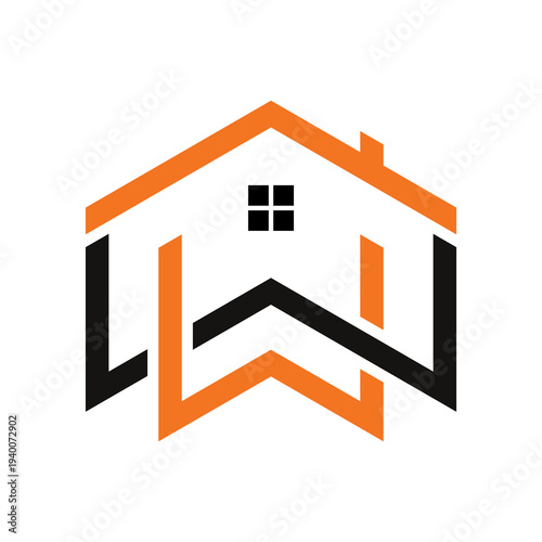 Modern geometric house logo with intertwined orange and black letters, representing real estate or home services.