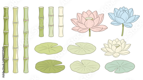 Stylized Botanical Illustration Featuring Bamboo Stalks, Lotus Flowers, and Leaves in Harmonious Composition