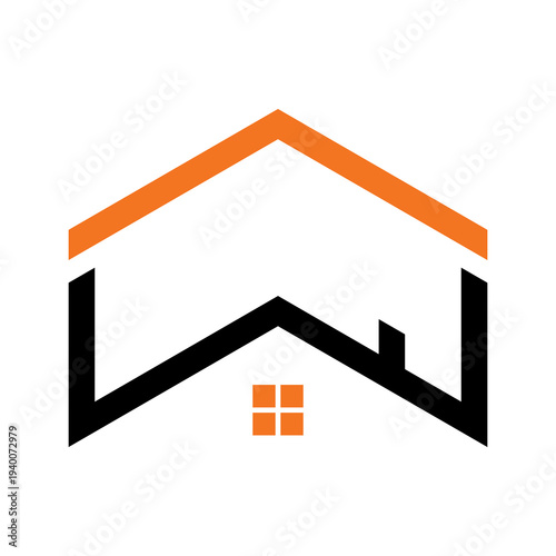Modern minimalist house logo with an orange roof and black base, featuring a small orange window, suggesting real estate or home services.