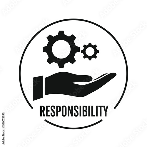 A black and white graphic depicts a hand holding gears within a circle accompanied by the word responsibility below high quality professional detailed modern elegant stylish