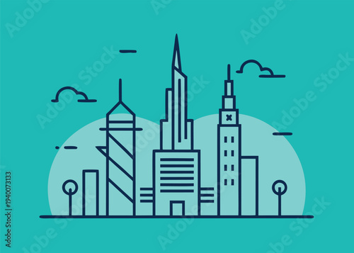A teal and dark blue minimalist vector illustration showing a city skyline with various skyscrapers and trees against a semicircular backdrop.