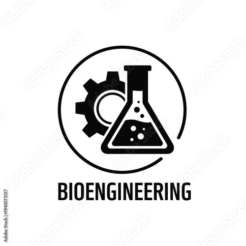 A striking black and white emblem features a flask and gear within a circle accompanied by the word bioengineering below high quality professional detailed modern elegant
