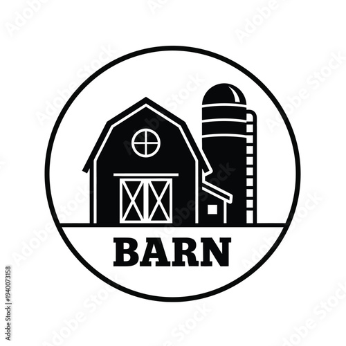 Quadro su tela A simple black and white circular graphic showcases a classic barn and silo illu
