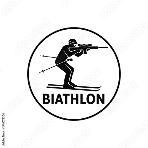 A stark black and white circular graphic depicts a biathlete in action skiing with a rifle representing the winter sport high quality professional detailed modern elegant