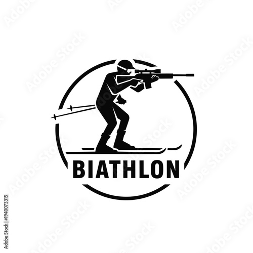 A striking black silhouette depicts a biathlete aiming a rifle while cross country skiing within a circular frame labeled biathlon high quality professional detailed modern