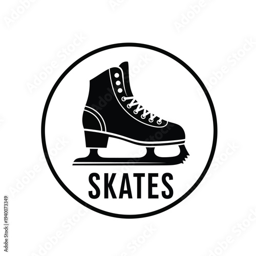 A black and white circular emblem showcases a side view of a classic ice skate with the word skates printed below high quality professional detailed modern