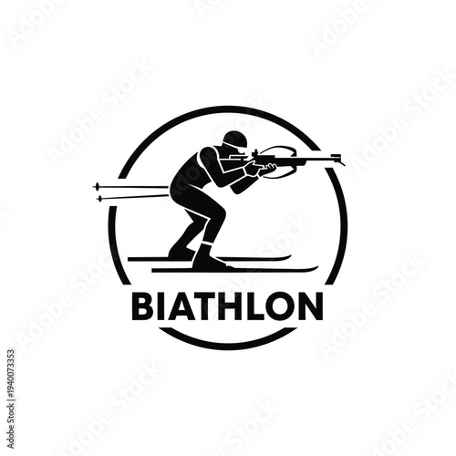 A striking black and white emblem depicts a biathlete in action skiing with a rifle encircled within a bold frame high quality professional detailed modern elegant