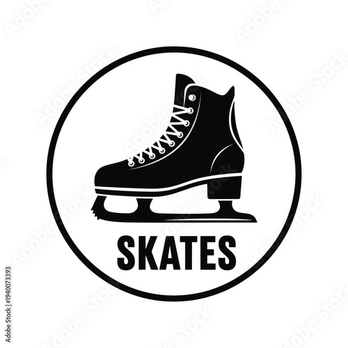 A black and white circular design features a single ice skate illustration with the word skates boldly displayed beneath it high quality professional detailed modern elegant