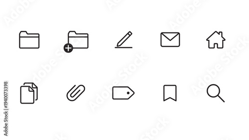 Icons depicting common digital actions like folder creation, writing, email, home, document duplication, paperclip, and search functions.