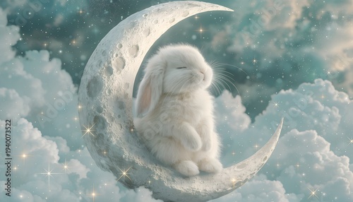 Dreamy Bunny Sleeping On Crescent Moon In Clouds