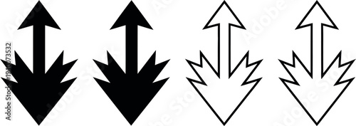 Four stylized arrows with jagged tails pointing up and down