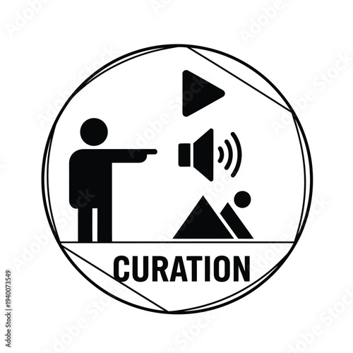 A black and white circular sign depicts a person presenting to an audience illustrating curation and communication concepts high quality professional detailed modern elegant stylish clean