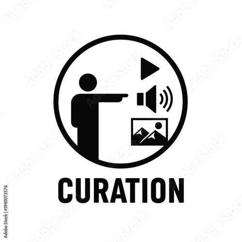 A black and white graphic depicts a person pointing towards a projected image within a circle signifying content curation high quality professional detailed modern elegant stylish